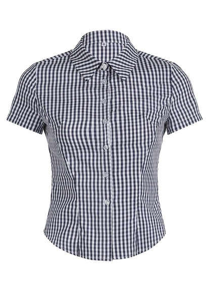 American Retro Casual Short Sleeve Plaid Shirts For Women Button Up Turn Down Collar Summer Spring Preppy Tops