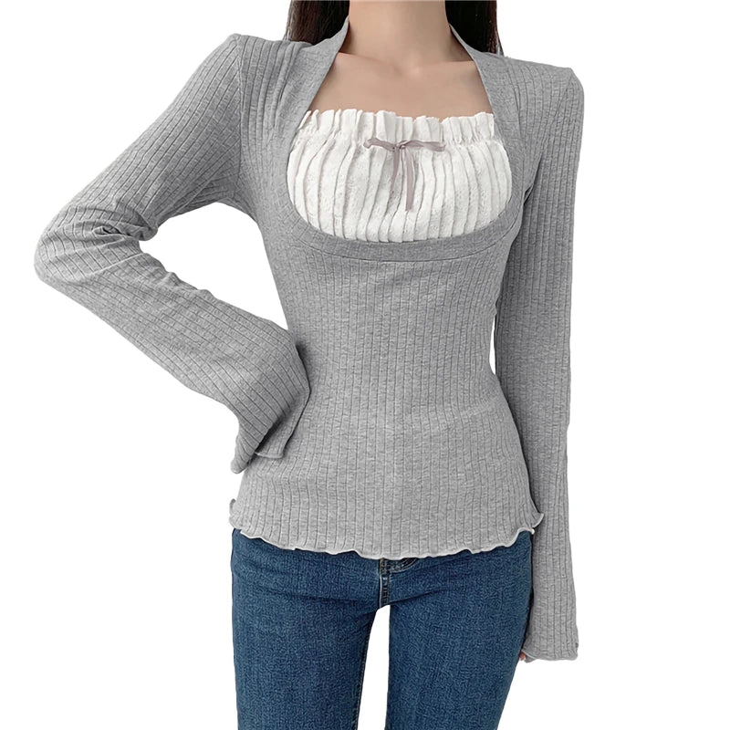 Elegant Lady Square Collar T Shirt Kawaii Clothes Fairy Grunge Long Sleeve Ribbed Tops y2k Tees 2000s Women Streetwear