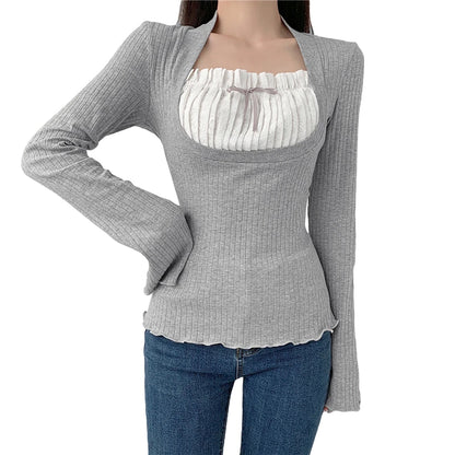 Elegant Lady Square Collar T Shirt Kawaii Clothes Fairy Grunge Long Sleeve Ribbed Tops y2k Tees 2000s Women Streetwear