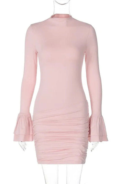 Elegant Pleated O Neck Long Sleeve Mini Dress