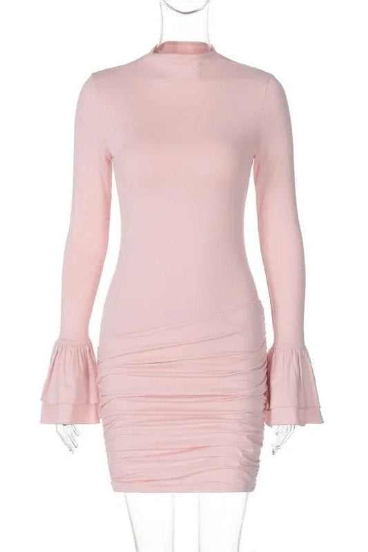 Elegant Pleated O Neck Long Sleeve Mini Dress