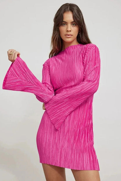 Elegant Pleated Mini Dress with Long Sleeves