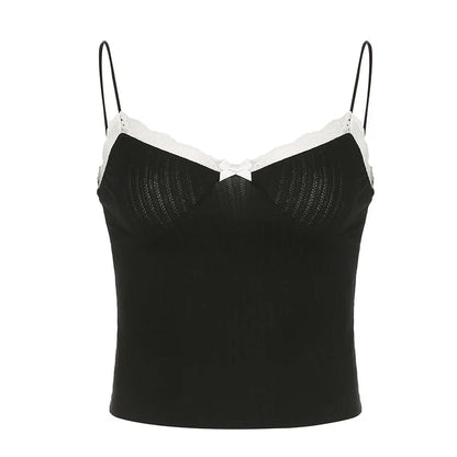 Voguable Sweet Multi-bow Jacquard Knit Pullovers and Cami Two Piece Set y2k Aesthetic Lace Patchwork Crop Top Suit