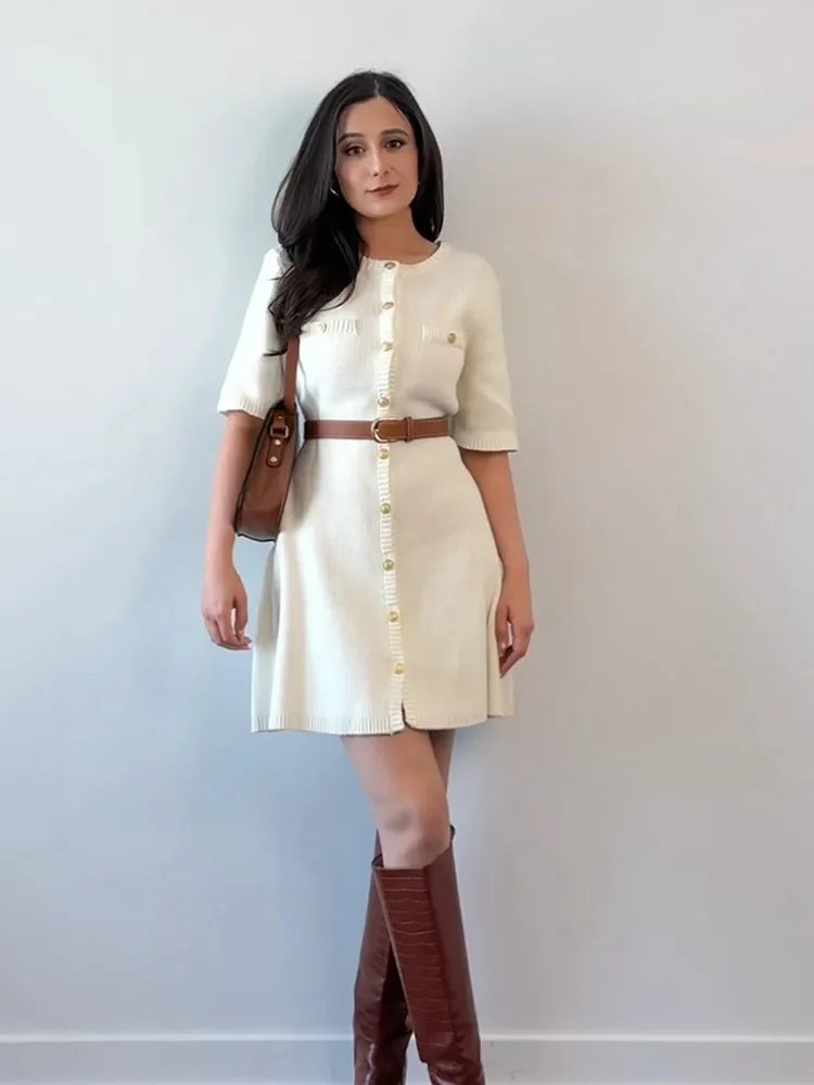 Knitted Dress for Women Streetwear Vintage Fashion Dresses Solid Slim Button Short Sleeve Mini 2024 New Spring Summer Dress