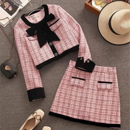 Autumn Winter Tweed Two-Piece Skirt Set Women Short Jacket Coat + Mini Skirt Suits Elegant Korean Fashion Female Outfits