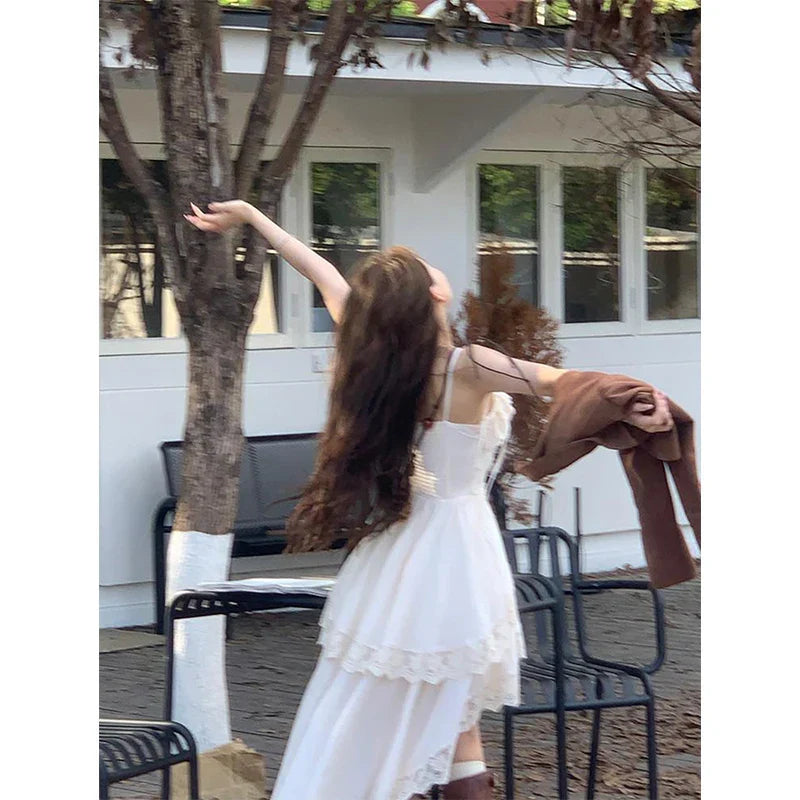 Voguable Y2K 2000S Irregular Midi Dress Fairy Lace Patchwork Strap One Pieces Dresses Vacation Korean Bodycon Vestidos