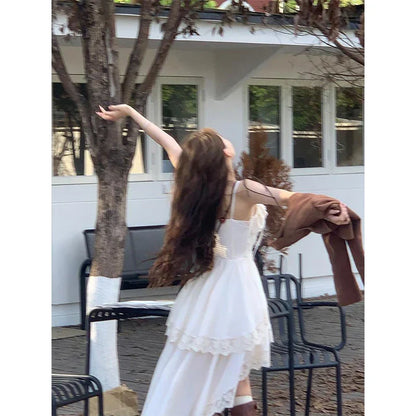 Voguable Y2K 2000S Irregular Midi Dress Fairy Lace Patchwork Strap One Pieces Dresses Vacation Korean Bodycon Vestidos