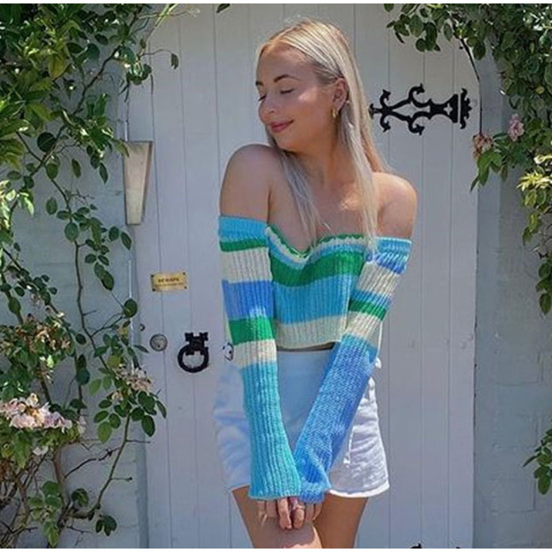 Voguable Knitted Y2K Clothes Crop Top Colored Striped Off The Shoulder T shirts Long Sleeve Trendy Short WoTops