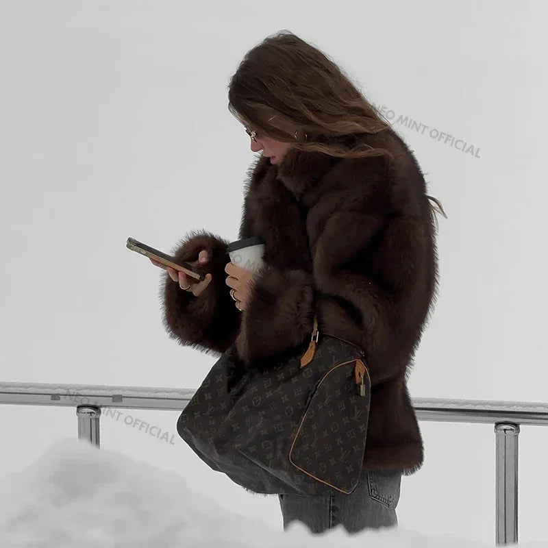 Winter Faux Fur Coat Women Brand Fashion Fluffy Fox Fur Outerwear Overcoat Girl Street Style Furry Warm Jacket
