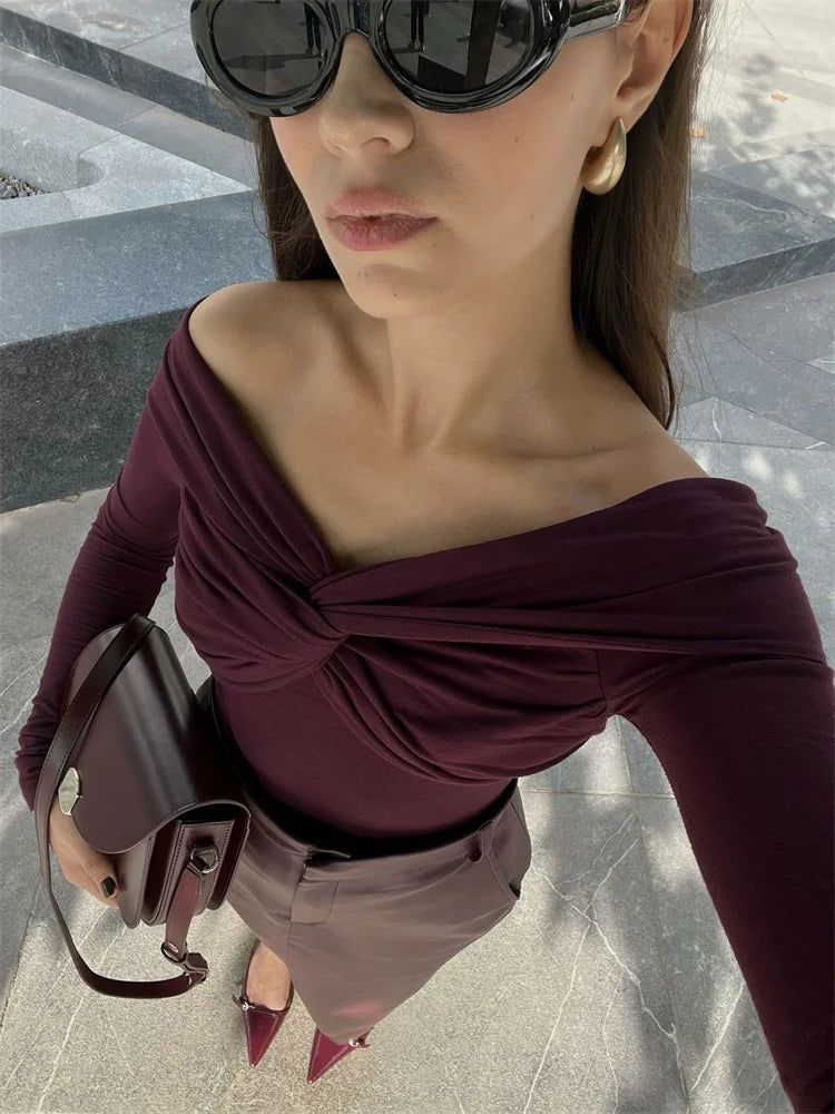 Summer Off-Shoulder Sexy T-shirt Top Women’s Pleated Long Sleeve Inner V-Neck White Slim Twist Cropped Pullover Female Tee