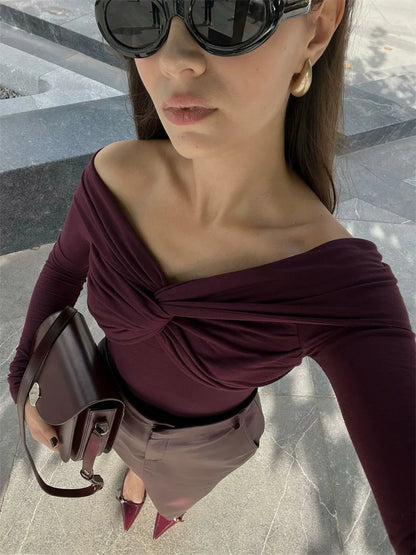 Summer Off-Shoulder Sexy T-shirt Top Women’s Pleated Long Sleeve Inner V-Neck White Slim Twist Cropped Pullover Female Tee
