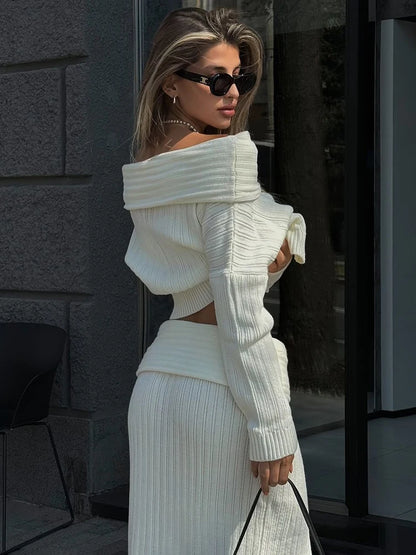 Knitted Skirt 2 Piece Set Women&#8217;s One-Shoulder Long Sleeves Sweater Pullover Elegant Slim Fit Long Skirt Suit Autumn New