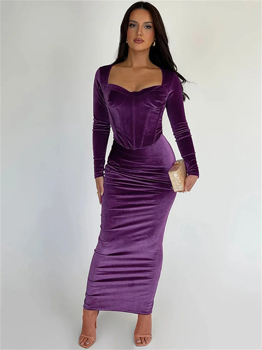 Autumn Scoop Neck 2 Piece-Set Maxi Skirt For Women Patchwork Long Sleeve Slim Luxury Party Looks Female Skinny Outfits New