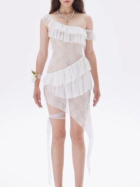 JULISSA MO Sexy See Through Lace Ruffle Women Dress White Off Shoulder Evening Dress Female Summer Skinny Elegant Beachwear 2025