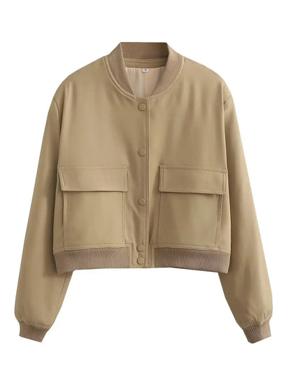 Basic Stand Collar Women Jacket Long Sleeve Cardigan Button Up Cropped Coat Baseball Outerwear Autumn Winter Clothes