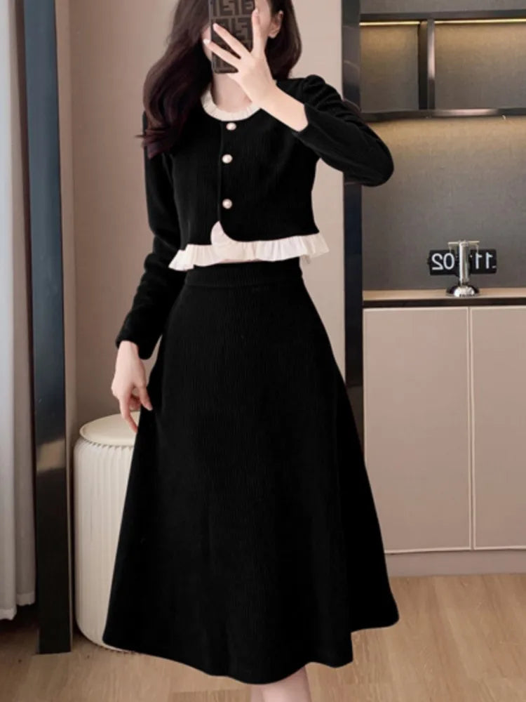 Autumn Winter Corduroy Two-piece Skirt Set Women Long Sleeve Ruffles O-neck Top Solid Midi Skirt Korean Fashion Outfits New