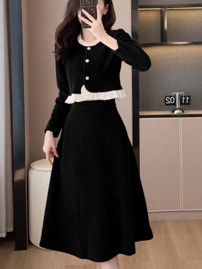 Autumn Winter Corduroy Two-piece Skirt Set Women Long Sleeve Ruffles O-neck Top Solid Midi Skirt Korean Fashion Outfits New