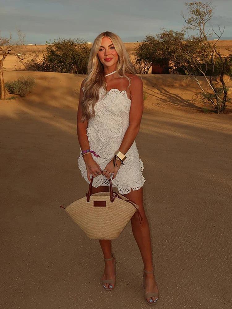 Knit 3d Flower Mini Dress Women Sexy Slim Hollow Out Hip Package Skew-collar Halter Beach Dresses  Holiday Party Lady Robe