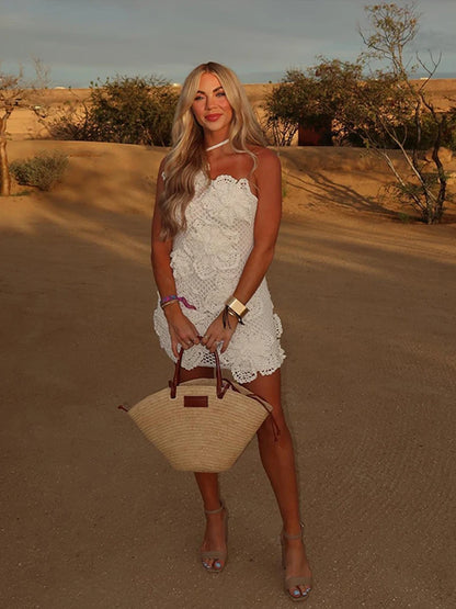 Knit 3d Flower Mini Dress Women Sexy Slim Hollow Out Hip Package Skew-collar Halter Beach Dresses  Holiday Party Lady Robe