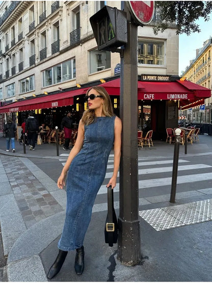 Casual Sleeveless Denim Dresses Women Elegant Slim Fit O-neck Slit Denim Dress Female Autumn Chic Street All-matching Robes