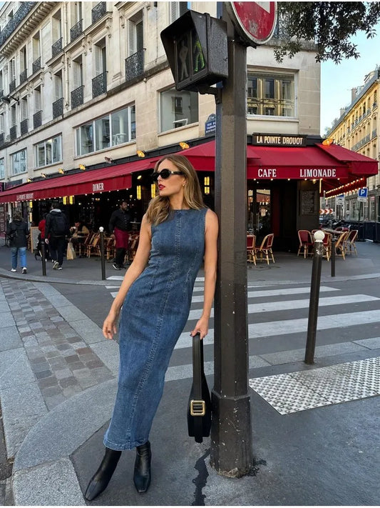 Casual Sleeveless Denim Dresses Women Elegant Slim Fit O-neck Slit Denim Dress Female Autumn Chic Street All-matching Robes