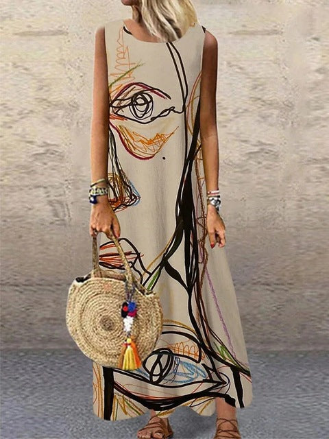 Vintage Print Sleeveless Long Dresses Women Fashion Summer O Neck Loose Maxi Dress Temperament Commuting Clothing Vestido Female