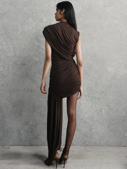 Draped Ruched Turtleneck Pleated Mini Dress