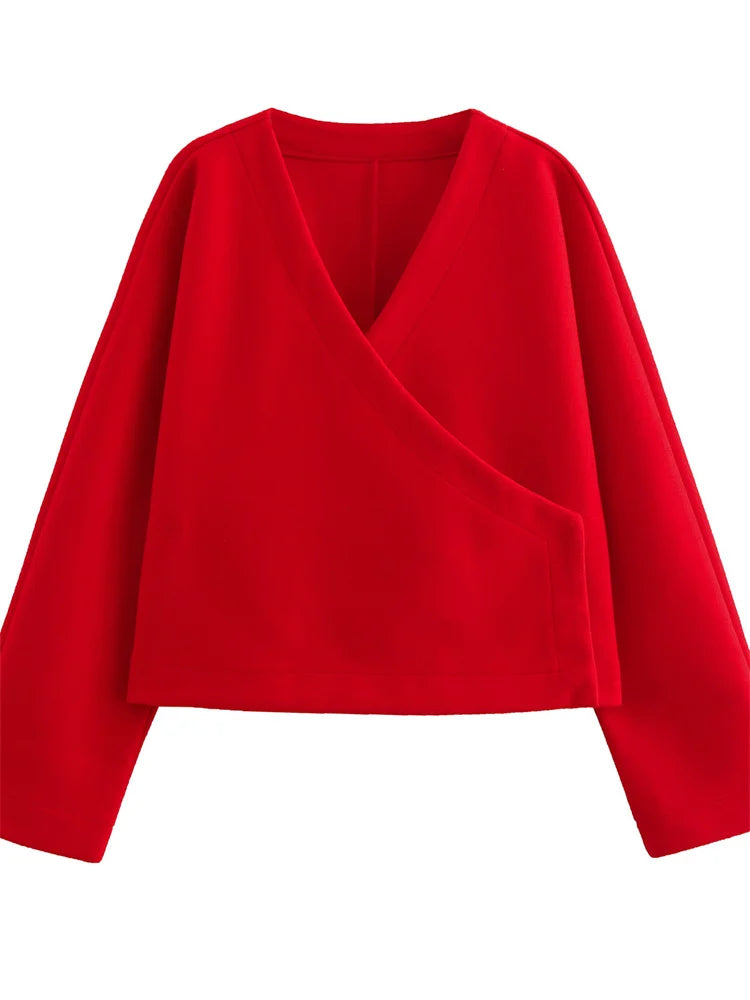 Vintage V-Neck Autumn Outwear For Women Patchwork Solid Long Sleeve Loose Streetwear Casual Jackets Top Ladies Coat