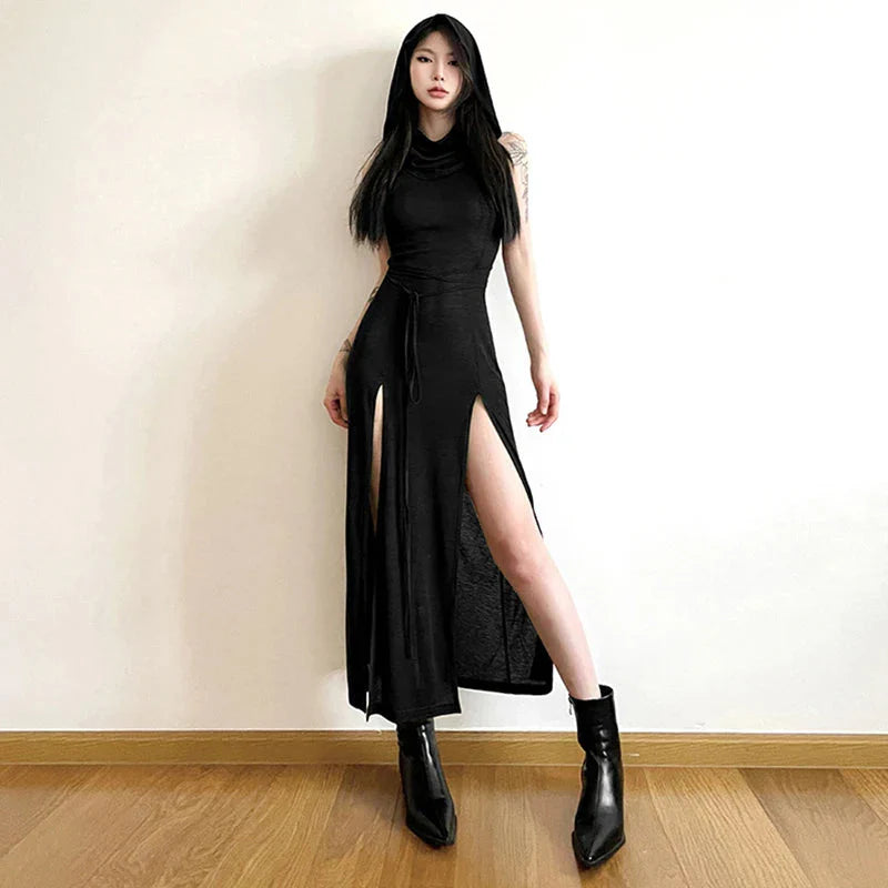 Wasteland Punk Dress y2k Solid Color Sleeveless Hollow Out Back Side Slit Hooded Dress 2000s Grunge Party Dresses