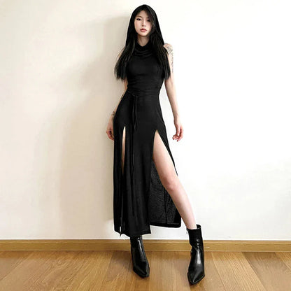 Wasteland Punk Dress y2k Solid Color Sleeveless Hollow Out Back Side Slit Hooded Dress 2000s Grunge Party Dresses