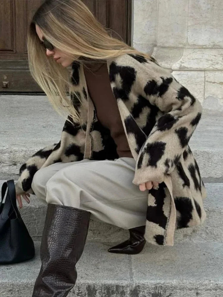 Retro Knitted Leopard Cardigan Women Casual V-neck Soft Open Sweaters Female Autumn Versatile Elegant High Street Knitwear