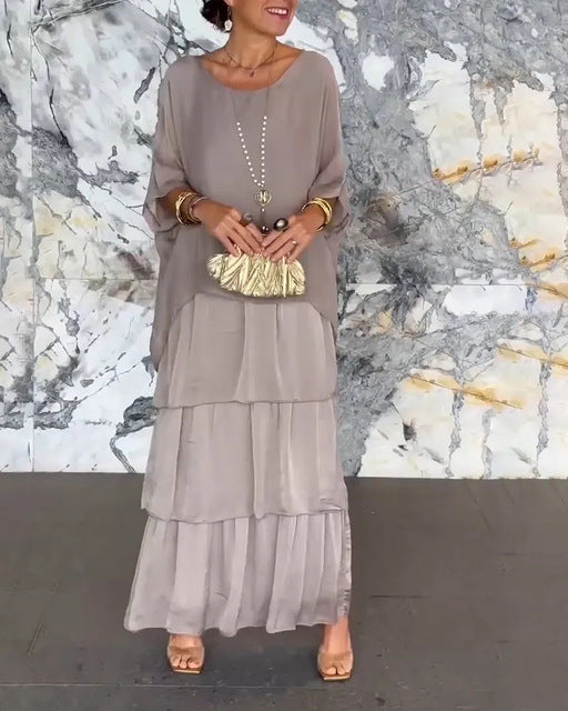 Flower Print Chiffon Dresses Women Fashion Temperament O Neck Bat Sleeve Layered Cake Dress Female Spring Summer New Vestidos
