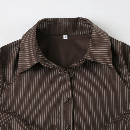 Vintage Brown Striped Blouse Women Fashion High Street Fitted Tee Shirt 2000s Casual Button Top Ladies Fall Outfits