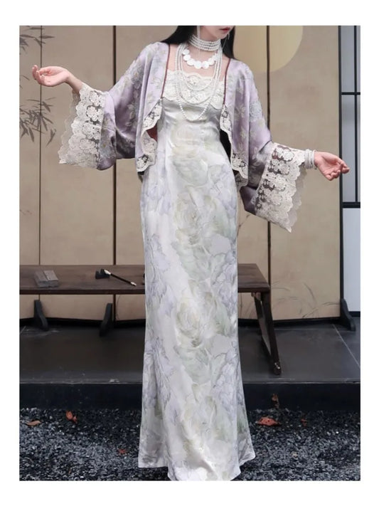 New Chinese Style Women’s Two-piece Dress Set Lace Patchwork Cardigan Spaghetti Strap Lace-up Long Dress Vintage Female Suit