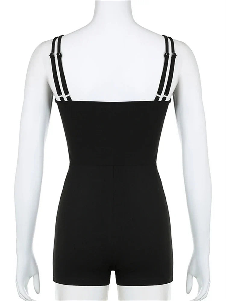 Summer Black Contrast Stitching Fitness Romper For Woman 2024 Sleeveless Backless Skinny Playsuit Street Workout Overalls