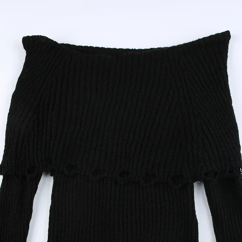 Voguable Grunge Fairycore Off Shoulders Ripped Sweaters Slash Neck Goth Jumper Tops Y2K Dark Academic Pullover