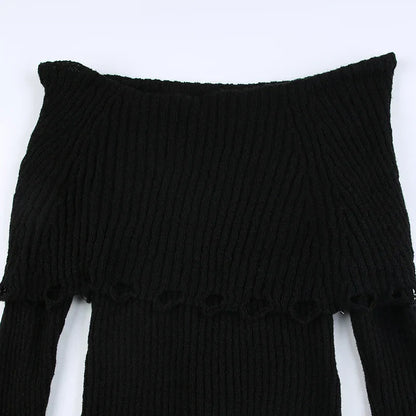 Voguable Grunge Fairycore Off Shoulders Ripped Sweaters Slash Neck Goth Jumper Tops Y2K Dark Academic Pullover