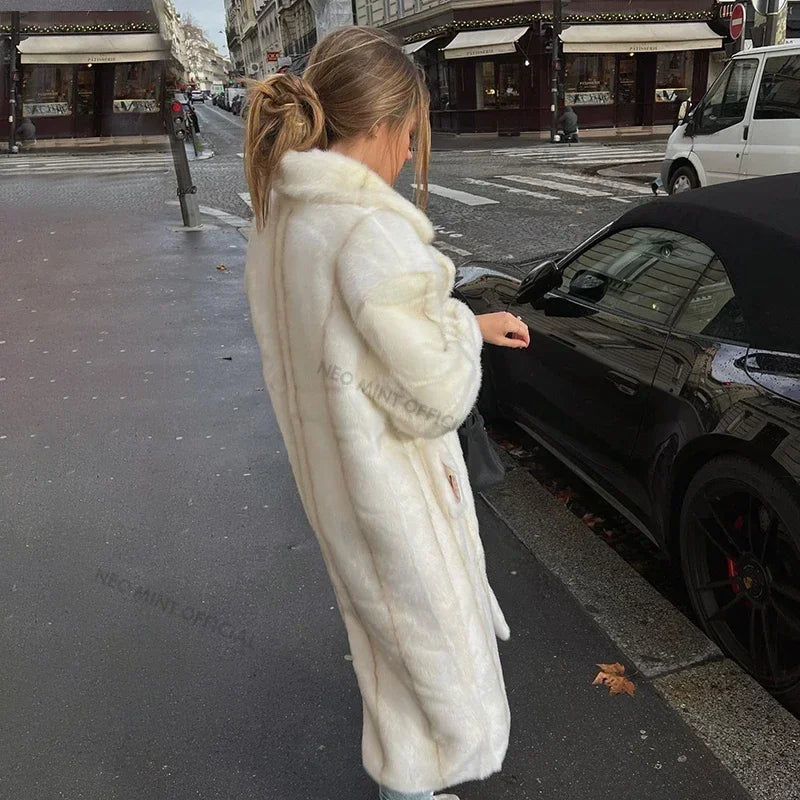 Winter High Quality Long Faux Mink Fur Coat Women High Street Furry Fur Jacket Luxury Brand Outerwear Overcoat