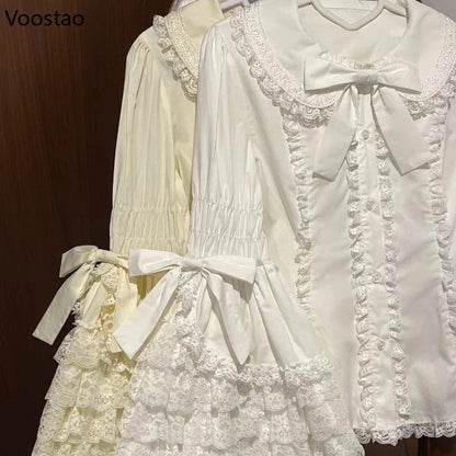 Vintage Lolita Style Shirts Gothic Y2k Bow Lace Ruffle Flare Long Sleeve Blouse Japanese Sweet Elegant Cute Tops