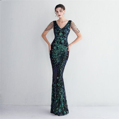 Sexy V-neck Sleeveless Dress with Stones and Crystals Fashion Sequins Tassel Elegant Women Party Dresses High Waisted Long Dress