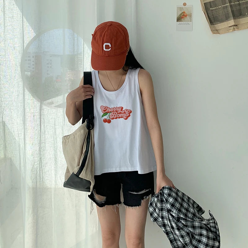 Short-sleeved T-shirt Women Summer cherry letter print short-sleeved top Spice Girls wearing crop short slim-fit street style