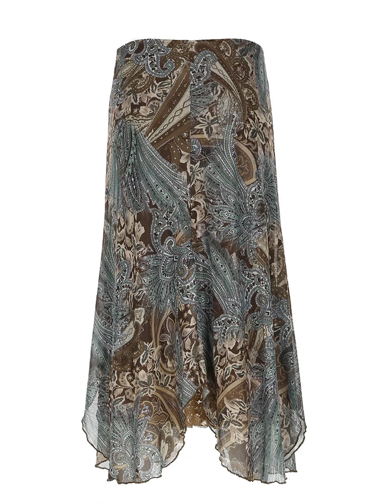 Vintage Aesthetic Floral Print Asymmetrical Skirts Women Boho Vacation Lace Two Layers Mesh Long Skirt Y2K