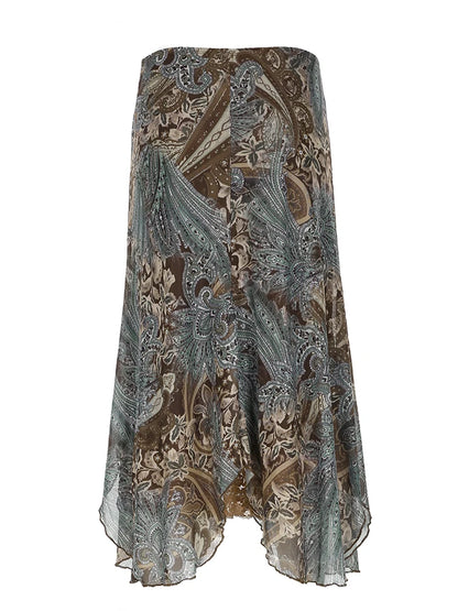 Vintage Aesthetic Floral Print Asymmetrical Skirts Women Boho Vacation Lace Two Layers Mesh Long Skirt Y2K