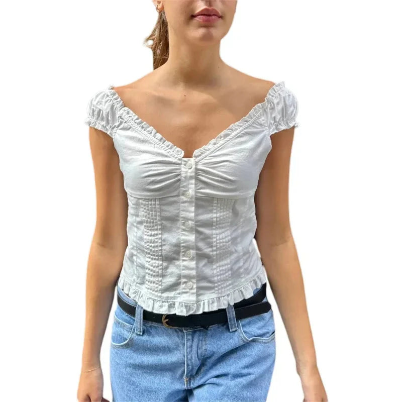 y2k Tank Top Clothes Solid Color Cap Sleeve Button Down Slim Fit Frill T Shirt 2000s Vest Streetwear