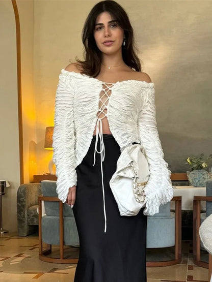 Autumn Fashion Ruffled T-shirt Cropped Top Female Hollow Out Lace-Up Patchwork Loose Outwear White Women Bandage Tee Coat
