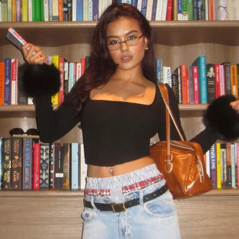Y2K Fur Long Sleeve Crop Top Black Square Collar Women Fitted T-shirt 2000s Fashion High Street Sexy Tee Aesthetic