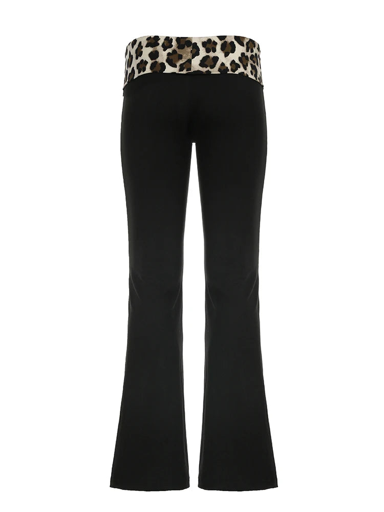 Patchwork Leopard Low Waist Y2K Flared Pants Women Slim Sexy Black Baddie Girl Streetwear Trousers