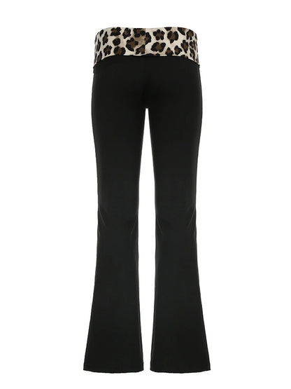 Patchwork Leopard Low Waist Y2K Flared Pants Women Slim Sexy Black Baddie Girl Streetwear Trousers