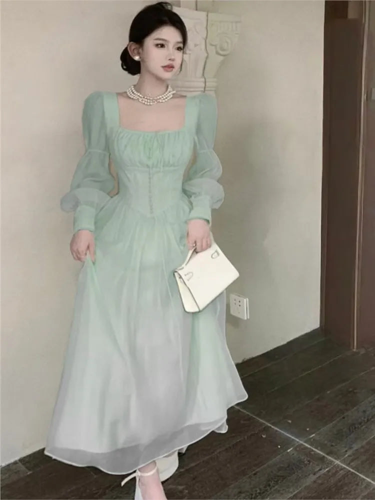 Autumn New Princess Midi Dresses for Women Square Collar Slim Waist Puff Sleeve Vintage Chic Female Clothing One Piece Vestido