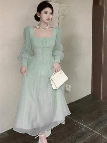 Autumn New Princess Midi Dresses for Women Square Collar Slim Waist Puff Sleeve Vintage Chic Female Clothing One Piece Vestido